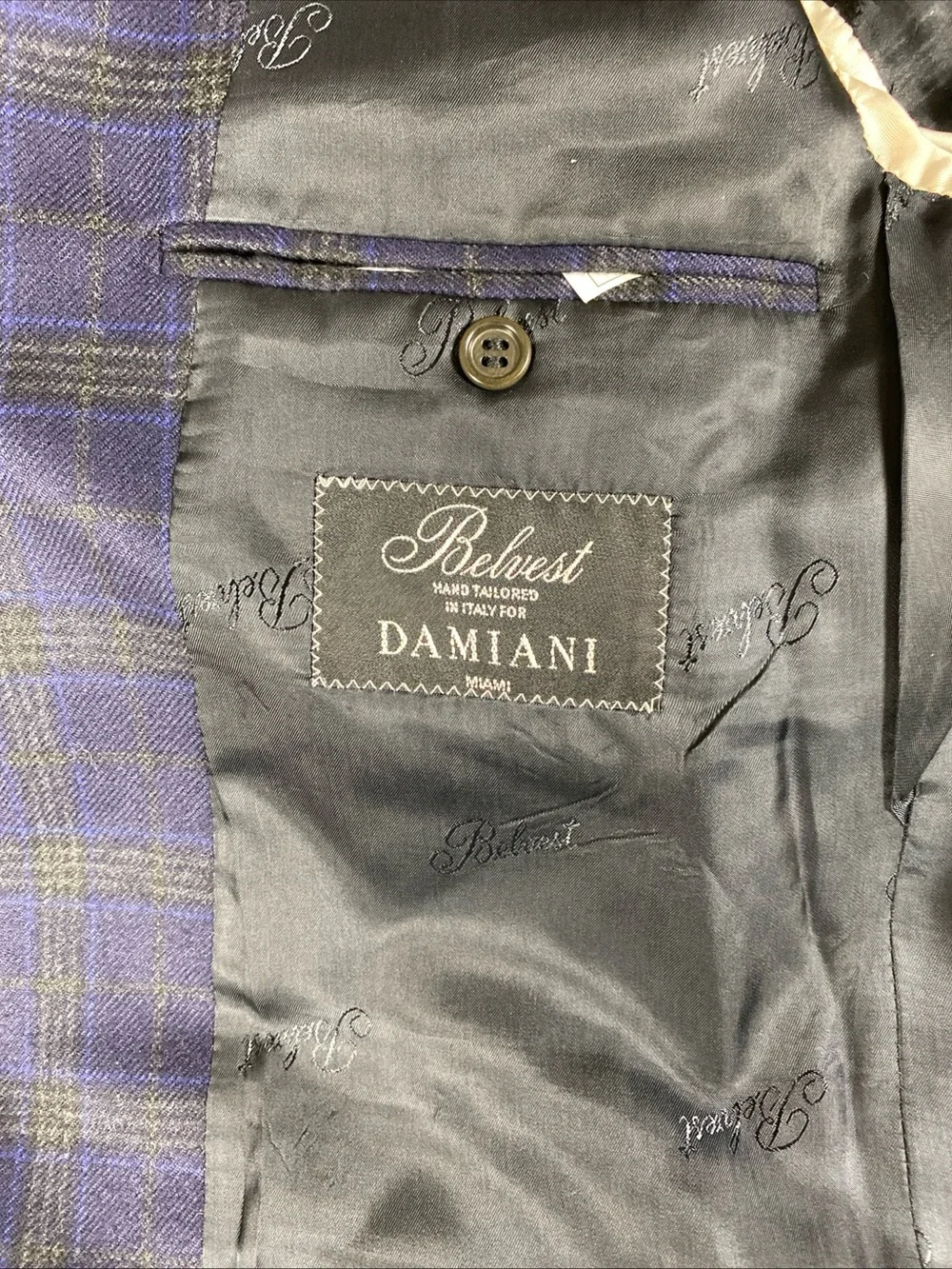 Belvest Cashmere Men’s 44L Blue Brown Windowpane Plaid Three‎ Button Made Italy